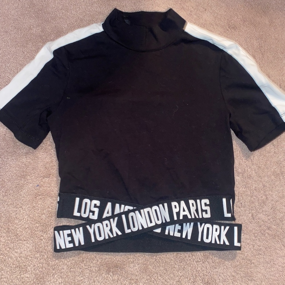 shirt with elastic that has words on it